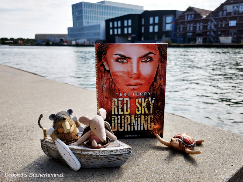 Red Sky Burning mit Blogmäusen mit Hafen Münster im Hintergund.